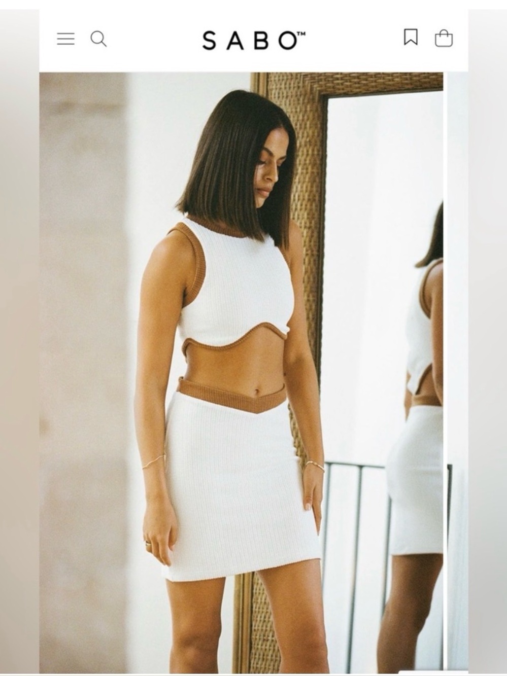 Sabo White & Tan Ribbed Cut Out Dress